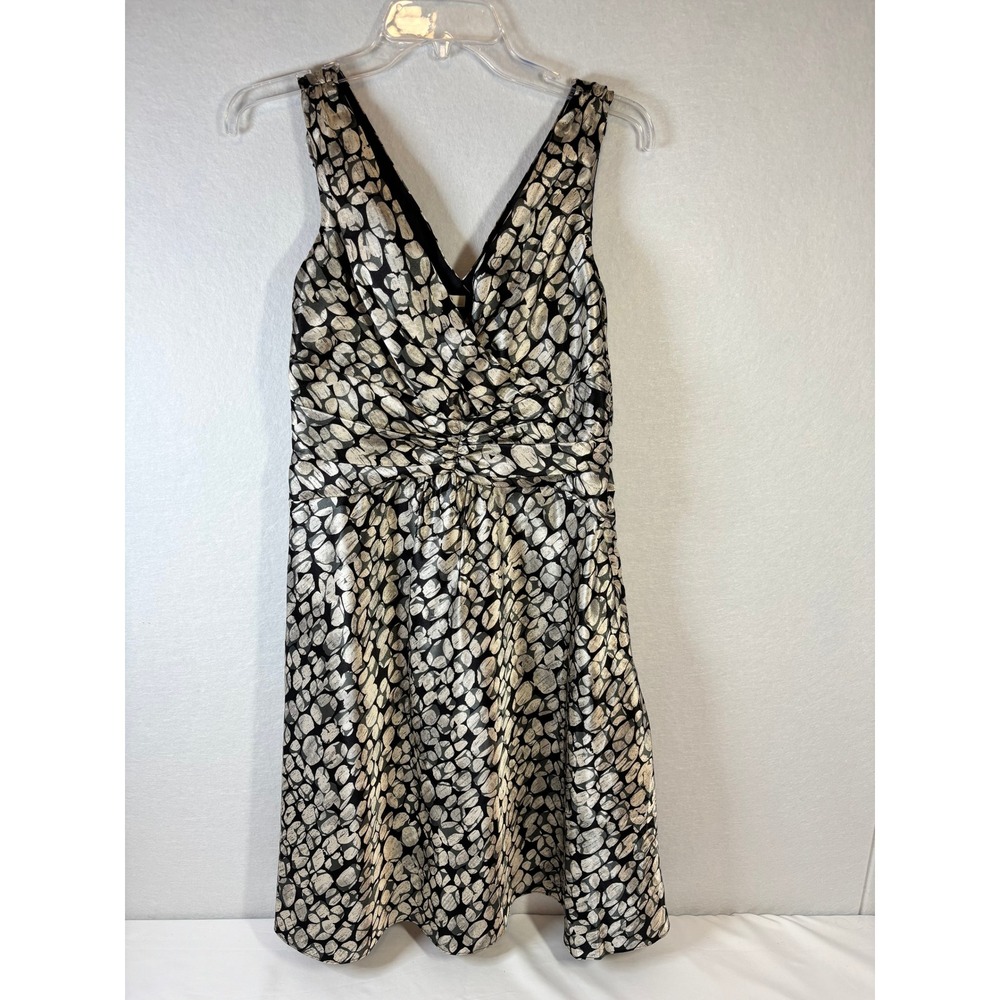 Cato Black Silver Metallic Abstract Pebble Print V-Neck Cocktail Dress Size 12